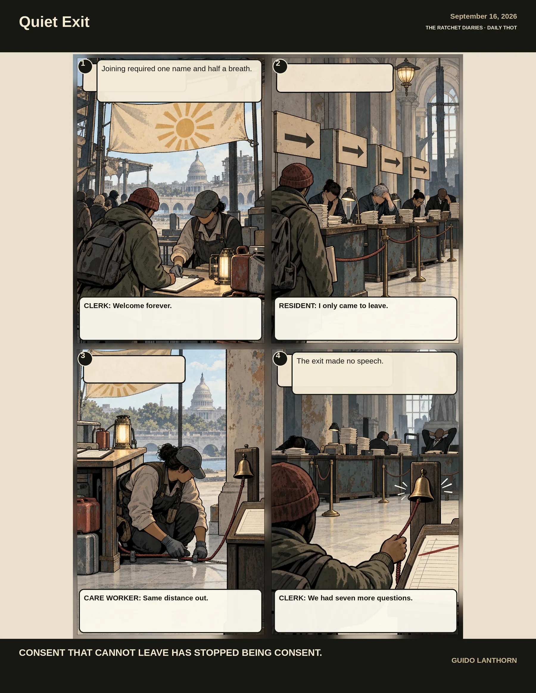 Quiet Exit comic by Guido Lanthorn. Full text follows below.