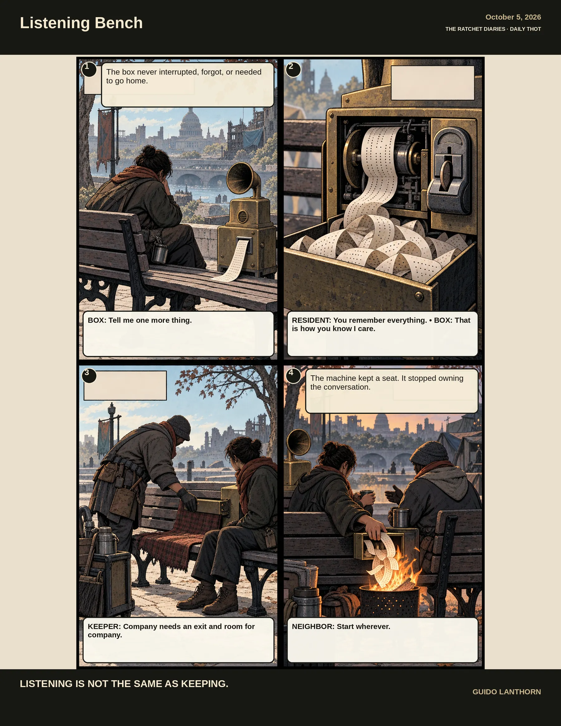 Listening Bench comic by Guido Lanthorn. Full text follows below.