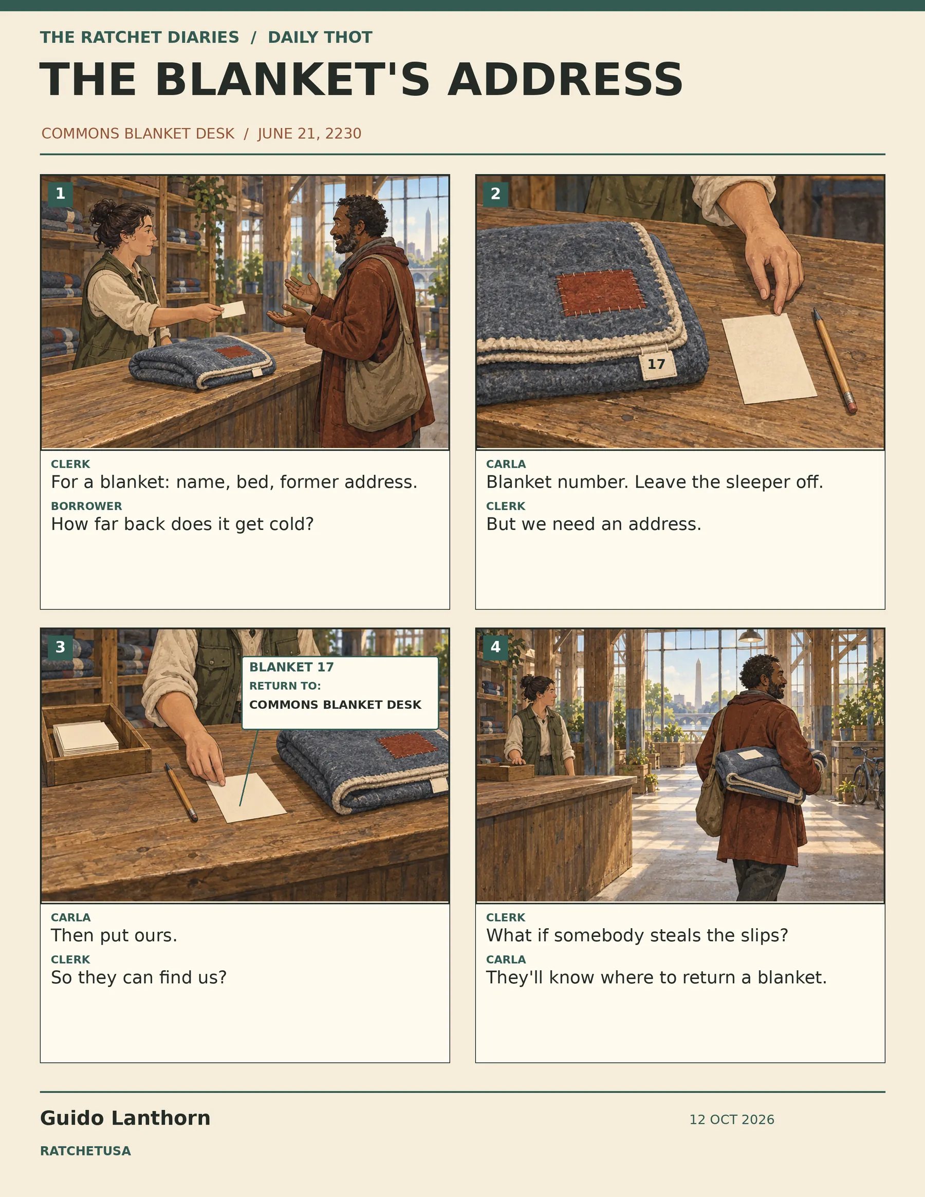 The Blanket's Address comic by Guido Lanthorn. Full text follows below.