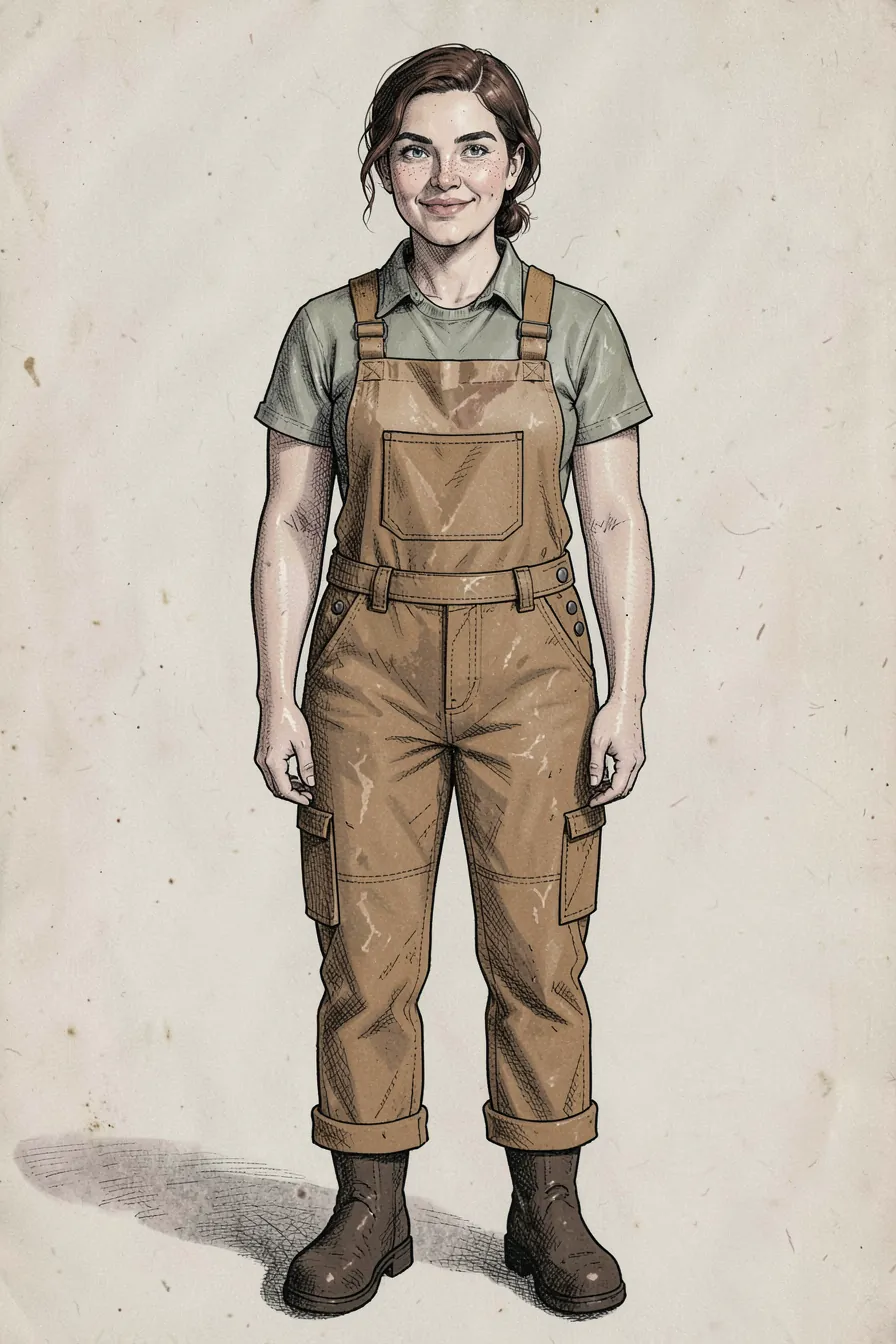Della standing in front view, wearing sage work shirt, ochre canvas overalls and dark boots.