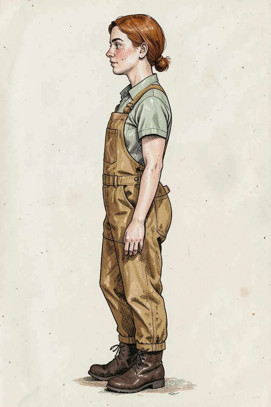 Della standing in left side view with her auburn hair tied back and work boots planted.