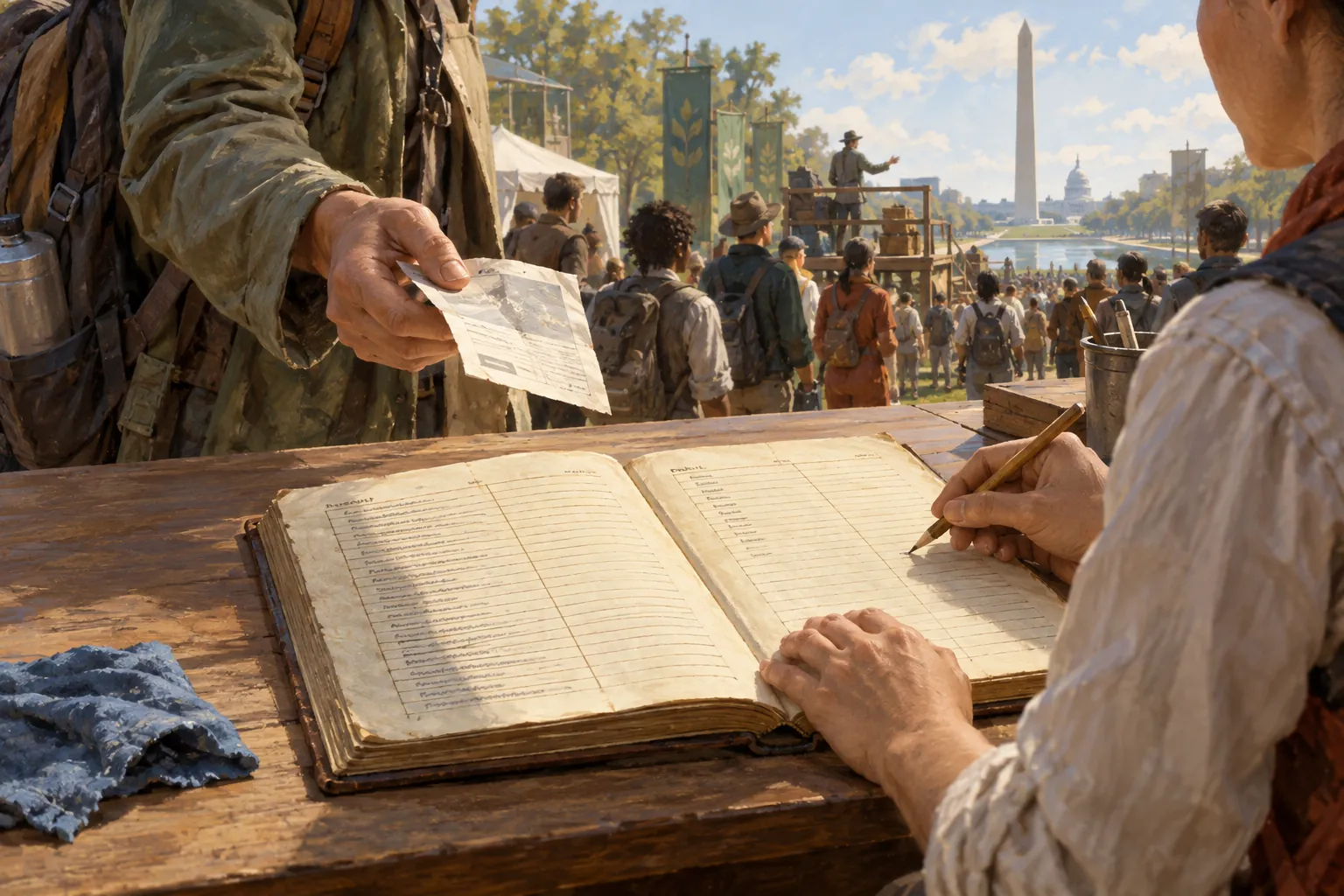 In midday light, a visitor holds a receipt over Neri’s bed ledger while Joshua addresses the gathering beyond.