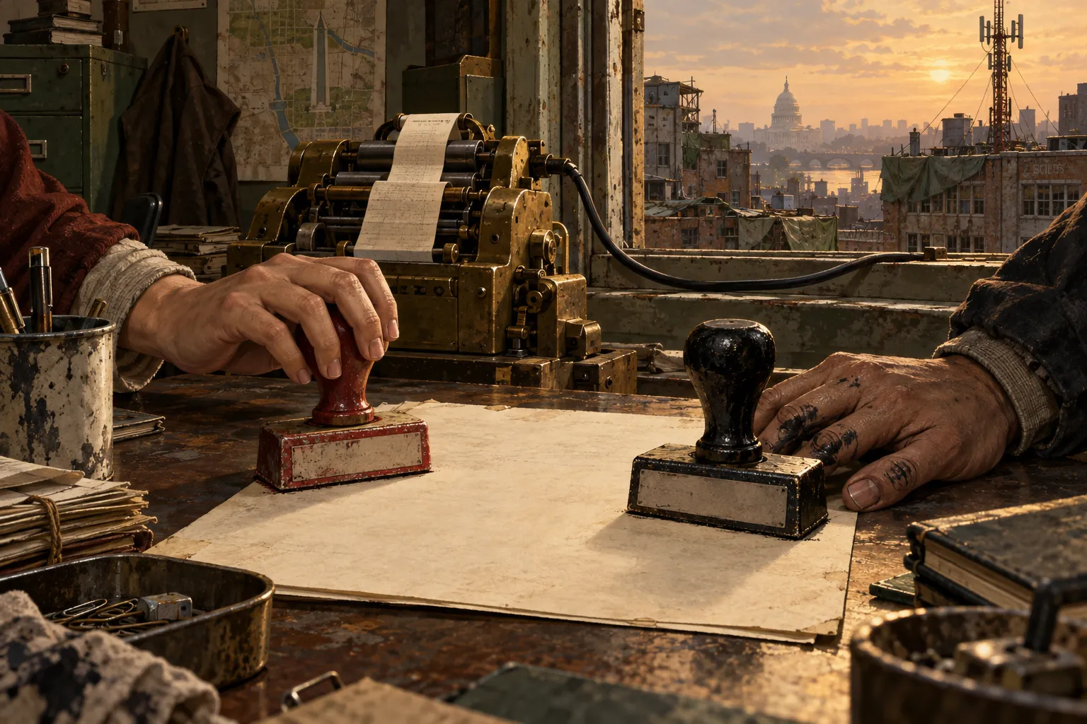 Two hands hold opposing stamps over a blank route sheet beside a brass-and-paper answer machine, with the Washington skyline beyond.